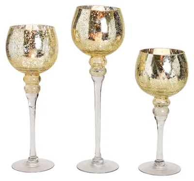 Productafbeelding van Windlichtset kelk craquelé goud 30, 35 en 40 cm x Ø13 cm van glas, 3-delige set