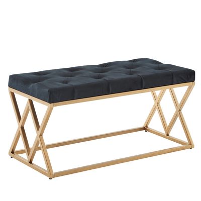 WOHNLING Sitzbank Samt Schwarz 90x46x44 cm Flur Polsterbank mit Metallgestell, Bettbank Schlafzimmer Chesterfield Design, Flurbank Garderobenbank Modern