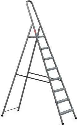 A gray stepladder with 8 steps against a white background.