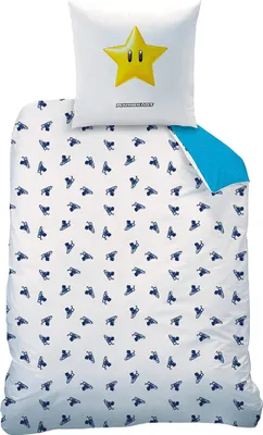 A white pillowcase with a yellow star and a white duvet cover with a repeating pattern of blue objects on a white background.