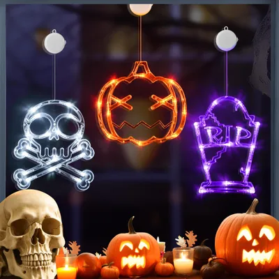 Produktbild von LED Fensterlichter mit Saugnäpfen Halloween Kürbis Totenkopf Grab 3 Stück