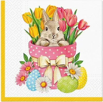 Produktbild von 20 Servietten Flower Bunny - Hase im Blumentopf mit Tulpen 33x33cm