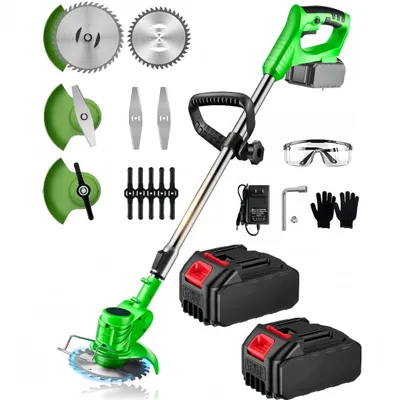 Produktbild von Akku-Rasentrimmer 21V mit 2 Akku und Ladegerät, 3-in-1 Licht Unkrautfresser, 3 Arten Klinge, Teleskop-Stiel & Zusatzhandgriff für Rasen,Garten (Grün)