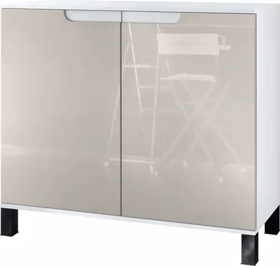 Produktbild von Vladon Kommode Sylt V3, Moderner Küchenschrank mit 2 großen Türen Weiß matt / Sandgrau Hochglanz (92,5 x 84.5 x 35)