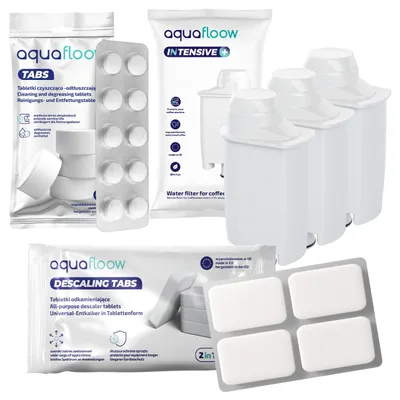 Obrázek produktu pro Sada na údržbu AquaFloow pro Saeco, Philips a Gaggia – 3 vodní filtry + odstraňovač vodního kamene + čisticí tablety