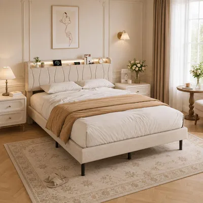Immagine prodotto di Letto imbottito INONEFT, 140x200 cm, con illuminazione LED, prese USB di tipo C e prese USB, letti singoli con spazio contenitivo nella testiera, letto per ragazzi con rete a doghe, color beige, Immagine generata dall'IA