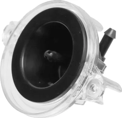 A close-up, studio shot of a clear plastic water tank with a black rubber seal and a small black tube protruding from the side.