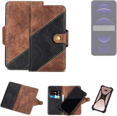 A collage of images showing a brown and black phone case in various configurations, including open and closed states, and a separate image of a phone.