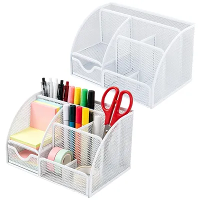 Image de Omgoods - Organisateur de bureau en mesh, lot de 2, avec tiroir - Porte-stylos en métal blanc
