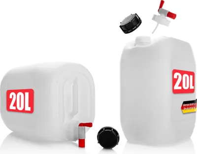Produktbild von BigDean 2 Stück Wasserkanister 20L mit Auslaufhahn + Schraubdeckel - für Lebensmittel & Industrie - BPA frei lebensmittelecht stapelbar UN-Zulassung