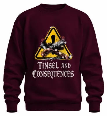 Productafbeelding van Kerstversiering en gevolgen. Waarschuwingsteken. Grappig uni sweatshirt, bordeauxrood, maat M