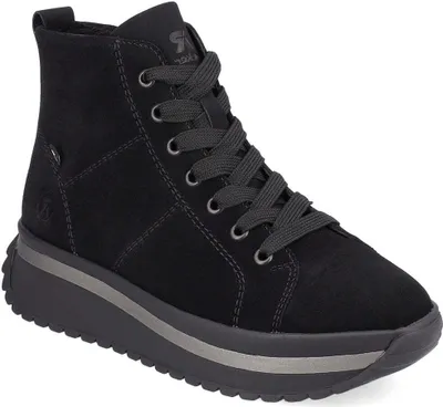 A single black high-top sneaker with laces and a thick sole, shown from a side-front angle against a white background.