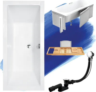 Image de Baignoire rectangulaire Set 5in1 175x80 avec vidage Premium et pieds S + habillage (polystyrène) + étagère en bois de bambou | BADLAND QUADRO