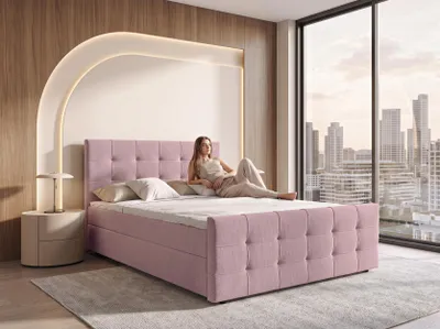 Productafbeelding van AX LIVING Boxspringbed 180x200 cm, kleur Defne Altrosa - Complete set inclusief topper en voetbalk, hardheid H2/H3