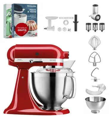 Produktbild von KitchenAid 4,8 L 5KSM185 Artisan Küchenmaschine Set 4 Artisan Fleischwolf+Spritzgebäck+Gemüseschneid Empire Rot