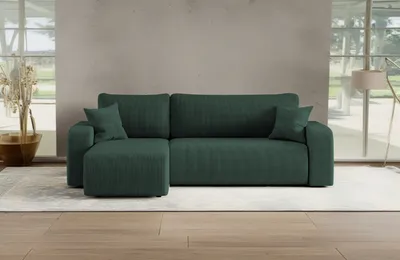Image de Canapé d'angle avec fonction de couchage et coffre de rangement, Canapé d'angle MILANO L tissu Poso velours côtelé épais Vert Gauche