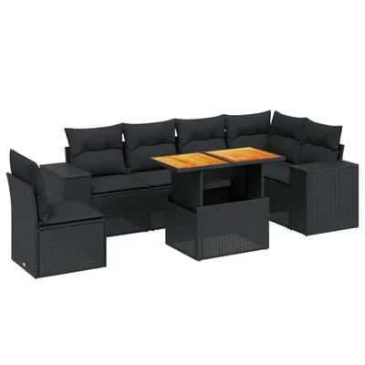 Image de vidaXL Ensemble de salon de jardin 7 pièces avec coussins noir poly rotin