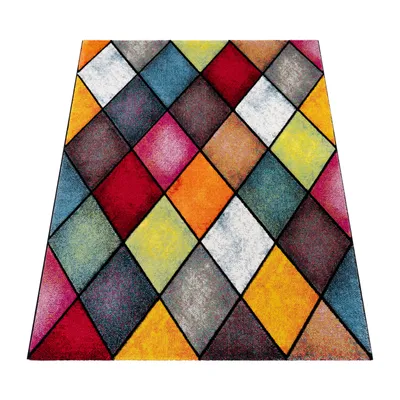 A colorful geometric patterned rug is shown from a slightly elevated angle against a white background.
