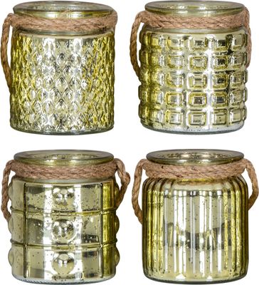 4er Set Windlicht H10cm Glas Gold Gelb Teelichthalter Tischdeko Kerzen Retro