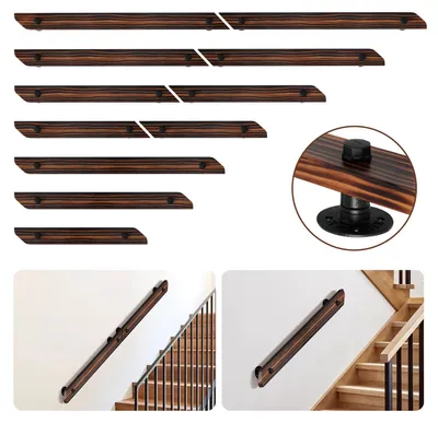 Zdjęcie produktu dla Poręcz ścienna z drewna sosnowego, 180 cm, możliwość łączenia w dłuższą poręcz, kolor brązowy z widocznym usłojeniem, z metalowymi uchwytami