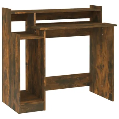 A studio shot of a wooden desk with shelves.