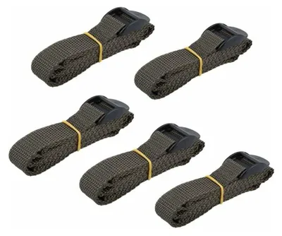 Five camouflaged straps with black buckles arranged in a grid against a white background.