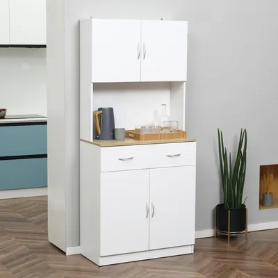 Produktbild von Küchenbuffet Modern Weiß 80x40x180 cm Küchenschrank mit Mikrowellenfach, 4 Türen, 1 Schublade, Anrichte aus Holzwerkstoff für Küche & Esszimmer