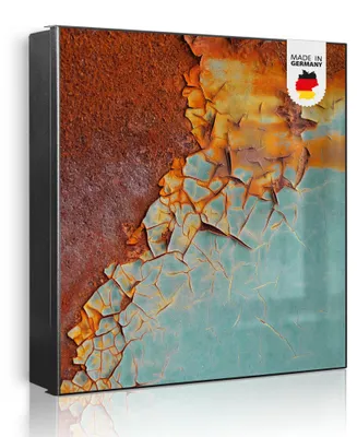 Zdjęcie produktu dla banjado metalowa szafka na klucze, duża 30x30 cm z 32 haczykami, może służyć jako tablica magnetyczna, czarny korpus, zawias po lewej stronie, Rost und Blau [SKG2 12600]