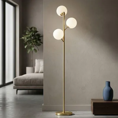 Obrázek produktu pro Stojací lampa ze zlatého kovu s 3 koulemi z bílého skla ø 36x160 cm