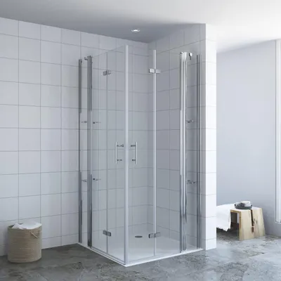Produktbild von Eckdusche Duschkabine Eckeinstieg 90 x 90 x 197 cm Doppeltür Falttüren mit Festteilen Eckduschwand mit Eckablage Dusche Drehfalttür rahmenlose Nano Glas