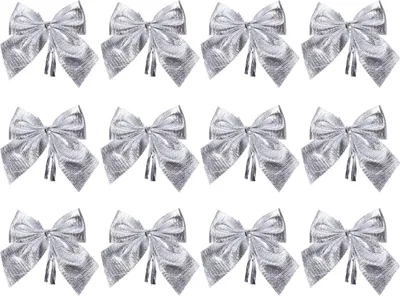 Produktbild von 12 Stück Weihnachtsglitzer-Schleifen, Weihnachtsbaumschmuck, Weihnachtsanhänger, Hängedekoration, Schmuck, Weihnachts- und Partyzubehör (Silber)