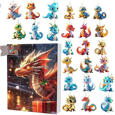 Produktbild von Dinosaurier-Adventskalender 2024, 24-Tage-Weihnachts-Countdown mit 2D-Acryl-Drachen-Anhängern, Weihnachtsbaum-Schmuck, Dinosaurier-Deko, 26x18x3cm, B