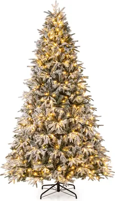 Image de COSTWAY Sapin de Noël artificiel 270cm avec neige， LEDs blanc chaud & support métallique, sapin de Noël, arbre de Noël artificiel