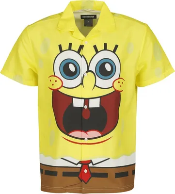 A yellow short-sleeved button-up shirt featuring a large print of SpongeBob SquarePants' face and body.