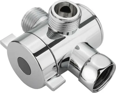 A chrome-plated 3-way diverter valve for a shower.