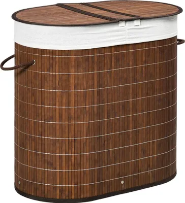 Image de Panier à linge en bambou - collecteur de linge avec couvercle - 2 compartiments - 100 l - 62,5×37×60,5 cm - bambou/polyester-coton, métal - marron