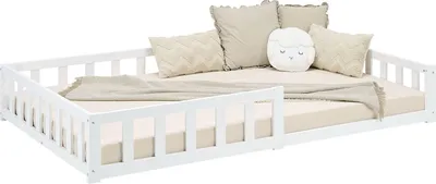 Produktbild von Homestyle4u Kinderbett 120x200 mit Rausfallschutz Weiß Bodenbett Montessori Bett Lattenrost Kleinkindbett