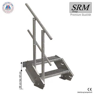 Immagine prodotto di scala in acciaio a 2 gradini su un lato. Larghezza ringhiera 100 cm Altezza pavimento 30 - 40 cm