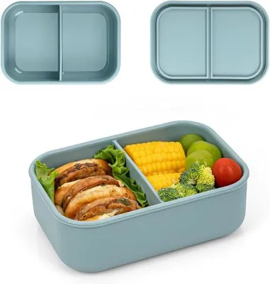 Image de Boîte à lunch en silicone à deux compartiments pour adultes, 700 ml, petite boîte à lunch pratique avec séparateurs pour les repas et les collations, en plastique sans BPA, compatible avec le micro-ondes et le lave-vaisselle, verte