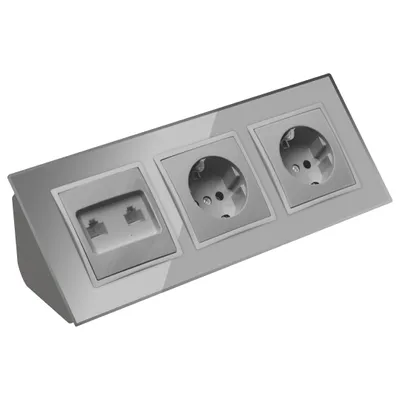 Produktbild von Glas Ecksteckdose 2-fach Steckdose 2xRJ45 Steckdosenblock 45° Verteilerdose silber.