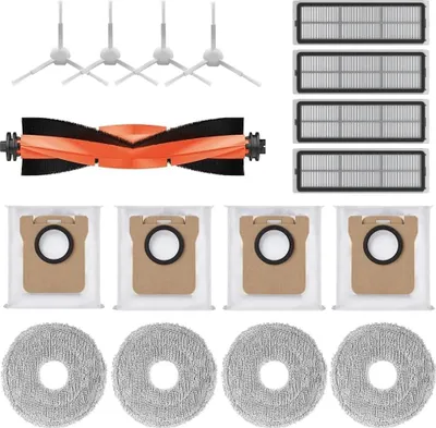 A collection of cleaning accessories for a robot vacuum cleaner, including brushes, filters, dust bags, and mop pads, laid out on a white background.