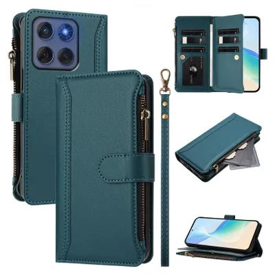 A collage of images showcasing a teal leather wallet-style phone case with a zipper and card slots, along with a wrist strap. The case is shown from different angles, including open and closed views, and with a phone inserted.