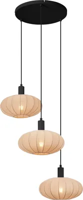 Produktbild von QAZQA - Japandi Japandi Hängelampe I Pendellampe I Pendelleuchte Schwarz mit braunem Stoffschirm 3-flammig - Bida I Wohnzimmer I Schlafzimmer - Textil Rund - LED geeignet E27
