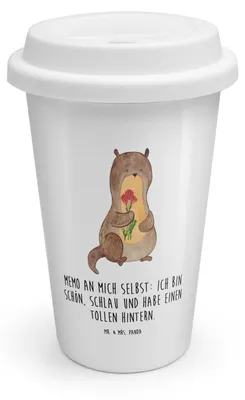 Produktbild von Mr. & Mrs. Panda Thermobecher Otter Blumenstrauß - Weiß - Geschenk, To Go, Achtsamkeit, Seeotter, Isolierbecher, ToGo Kaffeebecher, Süß, Becher, Selbstliebe, Positiv