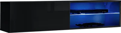 A black media console with blue LED lighting.