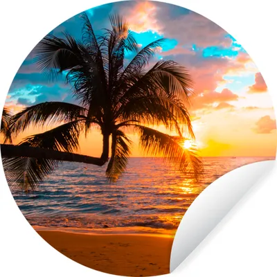 Produktbild von MuchoWow® Runde Wandtattoo - Wandsticker Tapete Aufkleber Palme - Sonnenuntergang - Horizont - Strand - Meer - Tropisch Ø 80 cm Selbstklebend und Repositionierbar - Wandaufkleber - Kreis - Mauerkreis - Wand Bilder - Wandsticker - Wohnzimmer Dekoration - Dekoration für die Wände - Aluminium - Babyzimmer