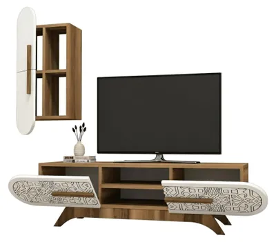 Produktbild von Wohnzimmermöbel Nemb, Modulares Wohnzimmerset, Mehrzweck-Wohnzimmermöbel, Moderner TV-Schrank, 145x35h37 cm, Walnuss und Weiß