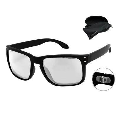 Produktbild von Polarisierte Sonnenbrille Herren Eckig Schwarz Silber Verspiegelte UV400 Gläser Rennec Markenbrille mit Hardcase