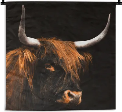 Produktbild von MuchoWow® Wandteppich Wandbehang Schottisches Hochlandrind - Kuh - Schwarz 120x120 cm Tapisserie Dekoration Wandtuch - Modern - Baumwollgewebe