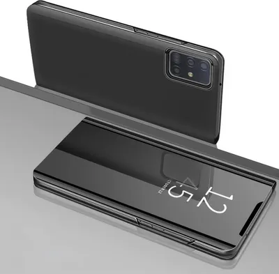 A black smartphone case with a clear view flip cover is shown in a studio setting, reflecting a gray surface.